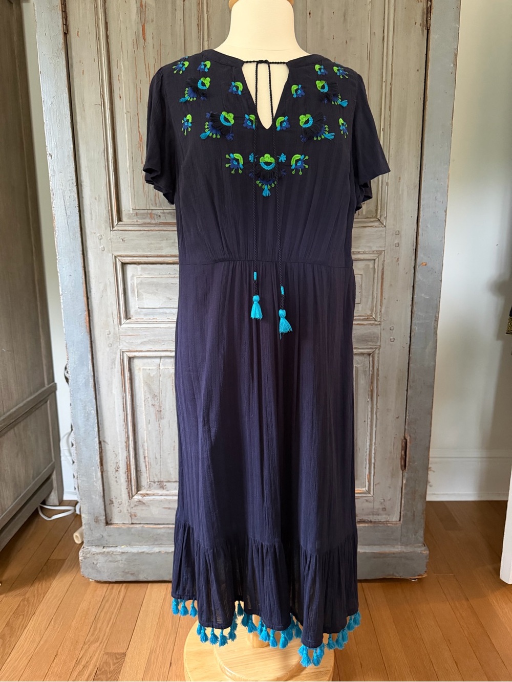 Boden Embroidered Navy Maxi Dress with Tassels